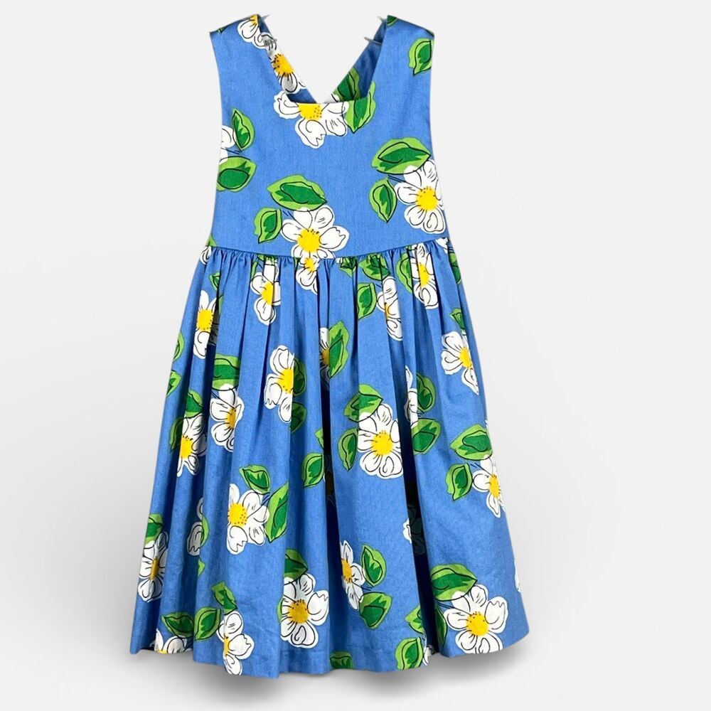 Vintage Plum Pudding Ltd Girls Blue Floral Dress Adjustable Waist Paris 3T-4T